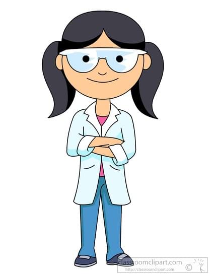 female science student wearing a lab coat and goggles clipart